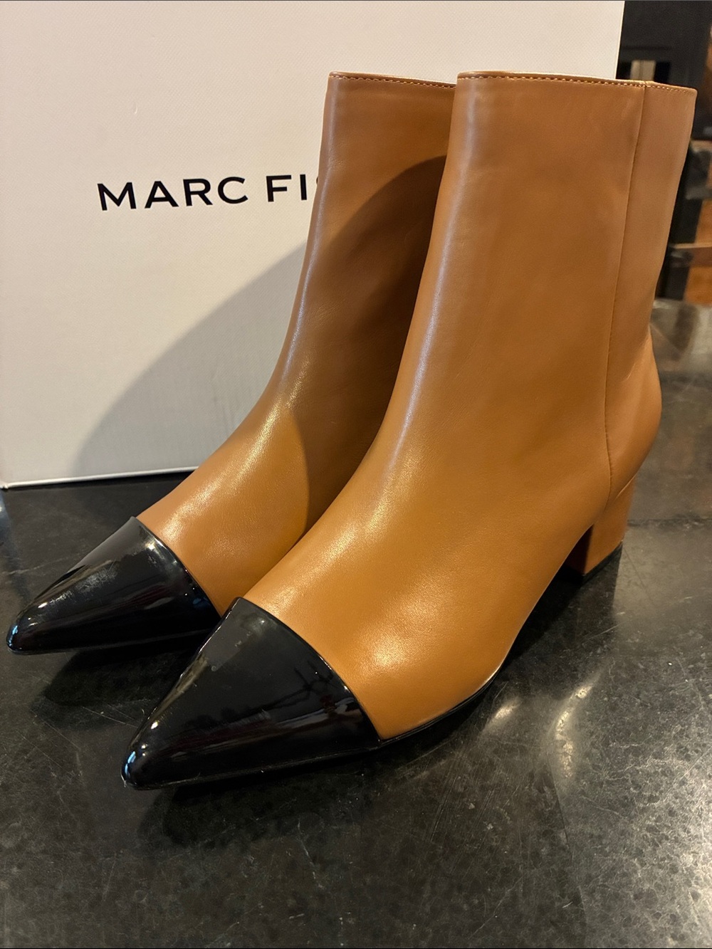 Marc Fisher Two-Tone Pointed Toe Ankle Boots in Tan and Black